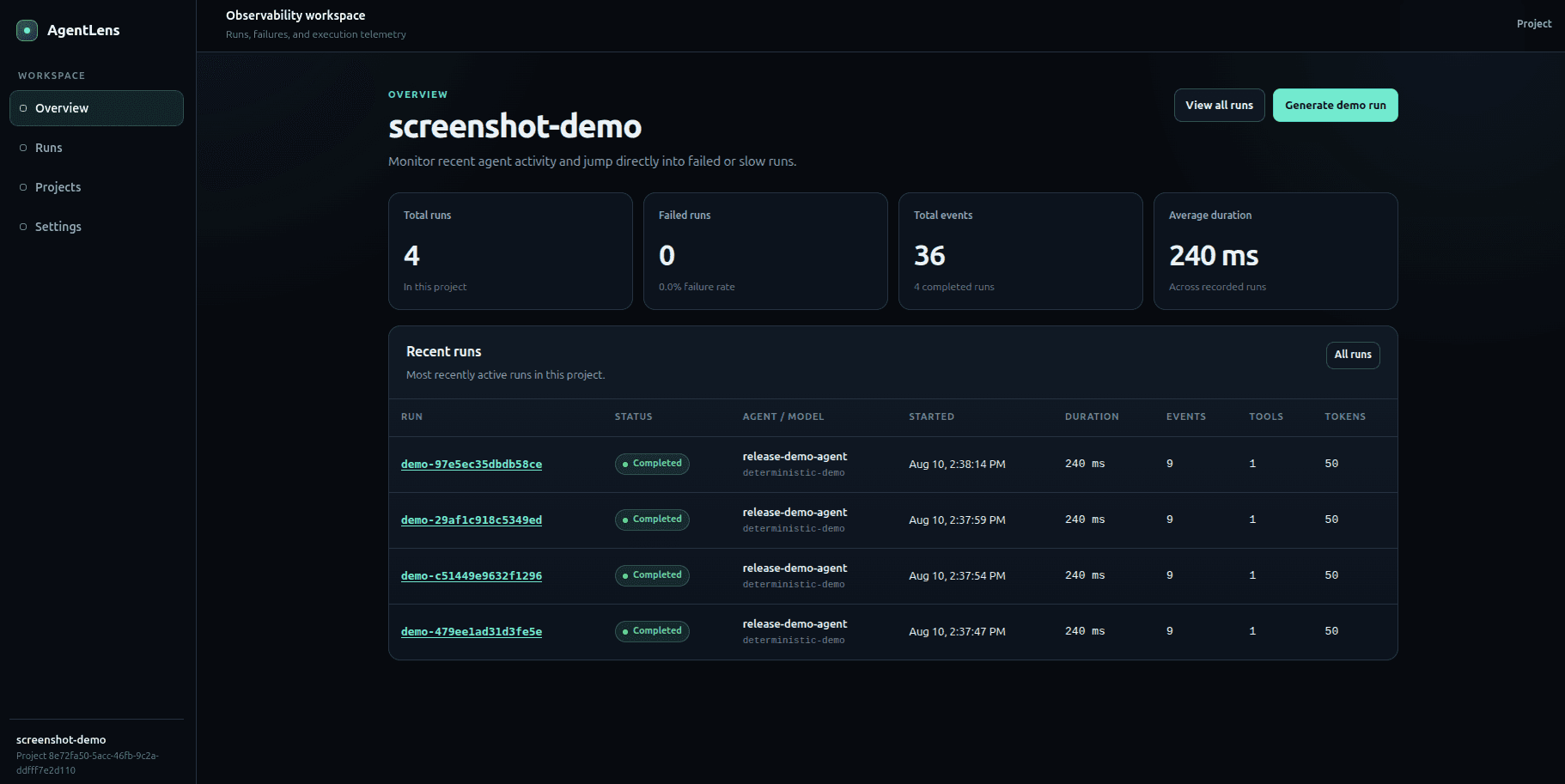 AgentLens observability dashboard showing recent AI agent runs and execution telemetry